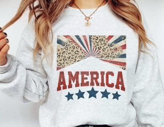 America With Leopard Print T-Shirt Crew Sweatshirt