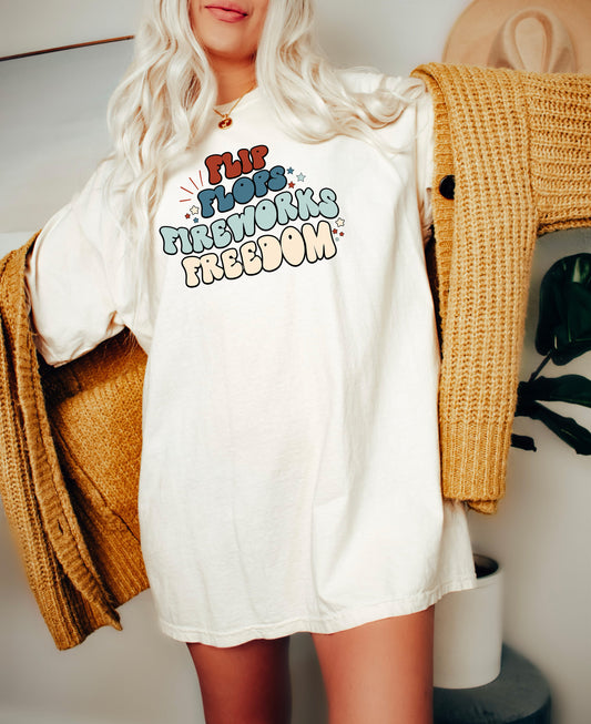 Flip Flops Fireworks Freedom Retro T-Shirt or Crew Sweatshirt