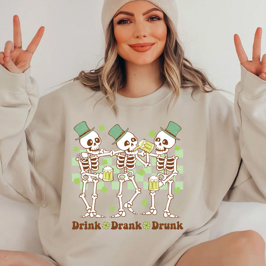 Drink Drank Drunk Skeletons Drinking Green Beer Crew Sweatshirt
