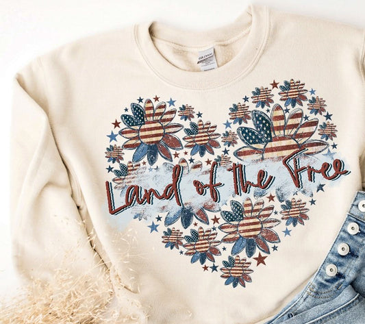 Land Of The Free Patriotic Flower Heart T-Shirt or Crew Sweatshirt
