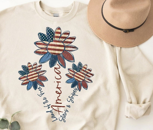 Land Of The Free America Stars & Stripes Patriotic Flower T-Shirt or Crew Sweatshirt