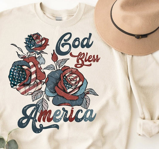 God Bless America With Patriotic Flowers T-Shirt or Crew Sweatshirt