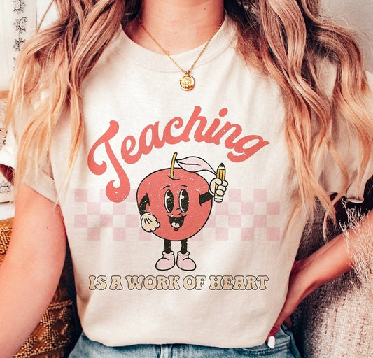 Teaching Is A Work Of Heart Cartoon Apple T-Shirt or Crew Sweatshirt
