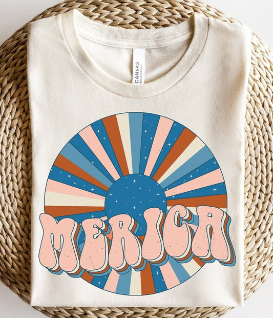Retro Merica With Stars & Stripes Circle T-Shirt or Crew Sweatshirt