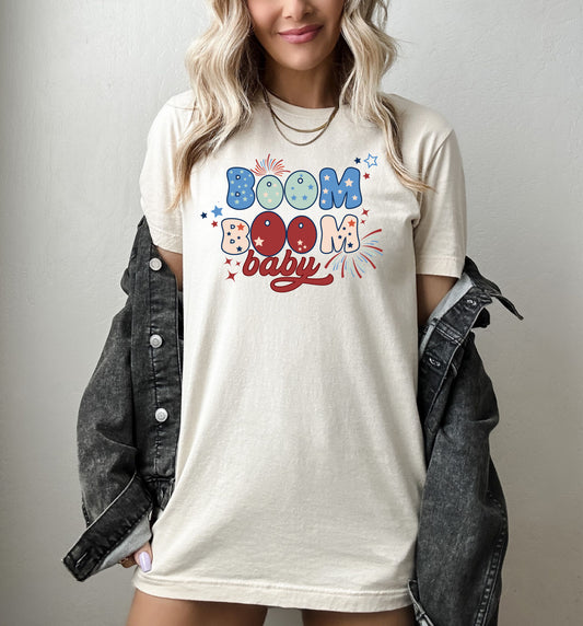 Boom Boom Baby Retro Patriotic T-Shirt or Crew Sweatshirt