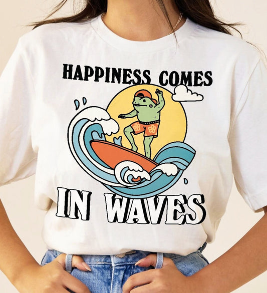 Happiness Comes In Wave Cartoon Frog Surfing T-Shirt or Crew Sweatshirt