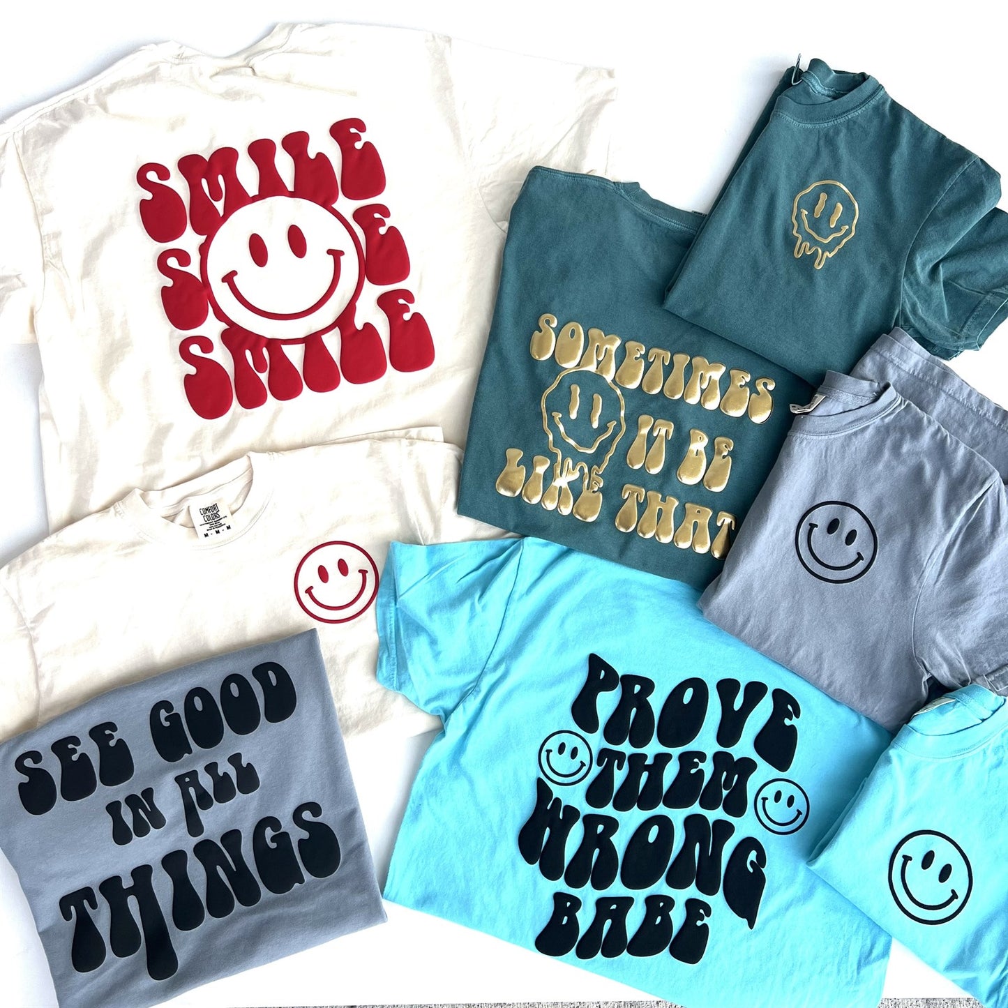 See Good In All Things Smiley Front/Back Puff Print Tee