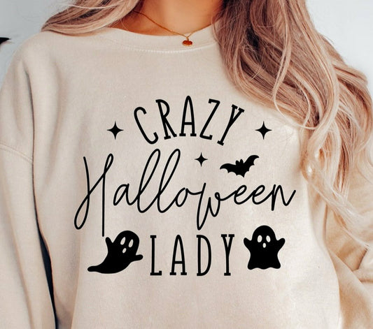 Crazy Halloween Lady T-Shirt or Crew Sweatshirt