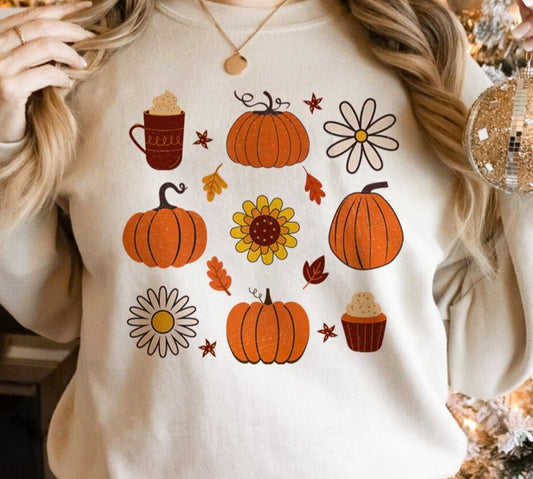 Pumpkins Treats & Flowers T-Shirt or Crew Sweatshirt