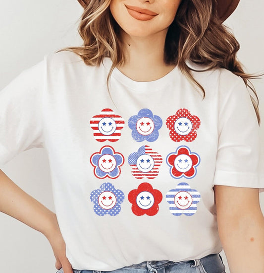Patriotic Smiley Flowers T-Shirt or Crew Sweatshirt
