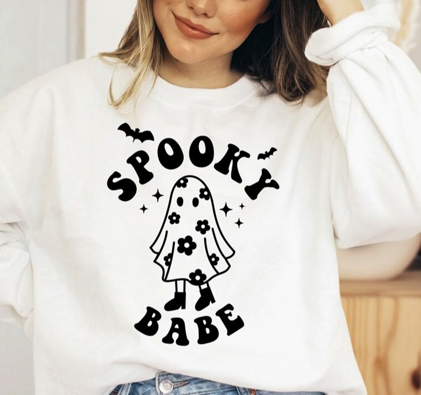 Spooky Babe Ghost With Flowers Crew Sweatshirt