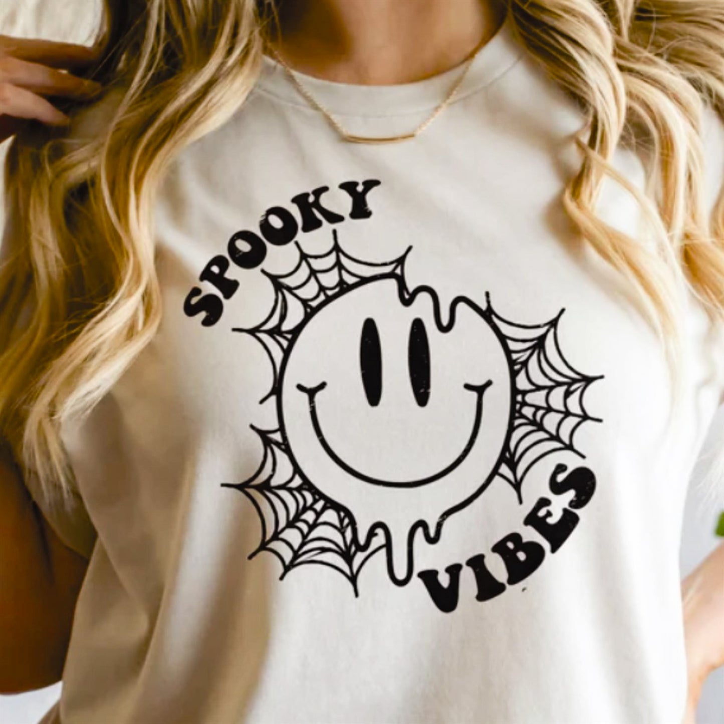 Spooky Vibes Smiley With Spider Webs Tee