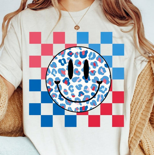Patriotic Leopard Print Smiley With Checkered Background T-Shirt or Crew Sweatshirt