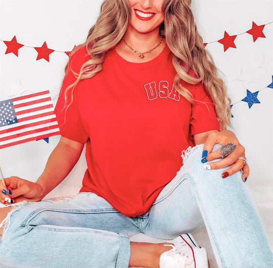 USA Puff Print Pocket T-Shirt or Crew Sweatshirt