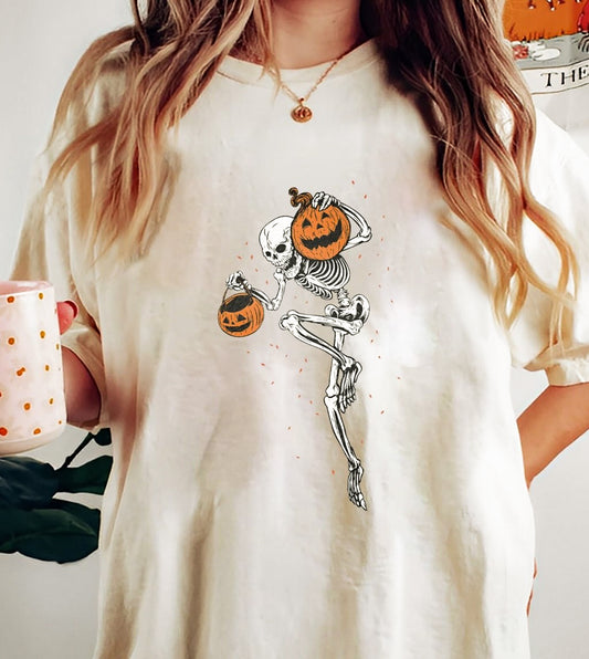 Skeleton Dancing With Jack-O-Lantern T-Shirt or Crew Sweatshirt