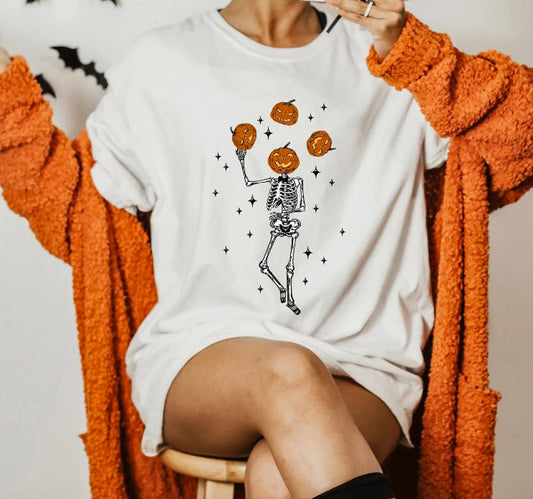 Skeleton Juggling Jack-O-Lanterns T-Shirt or Crew Sweatshirt