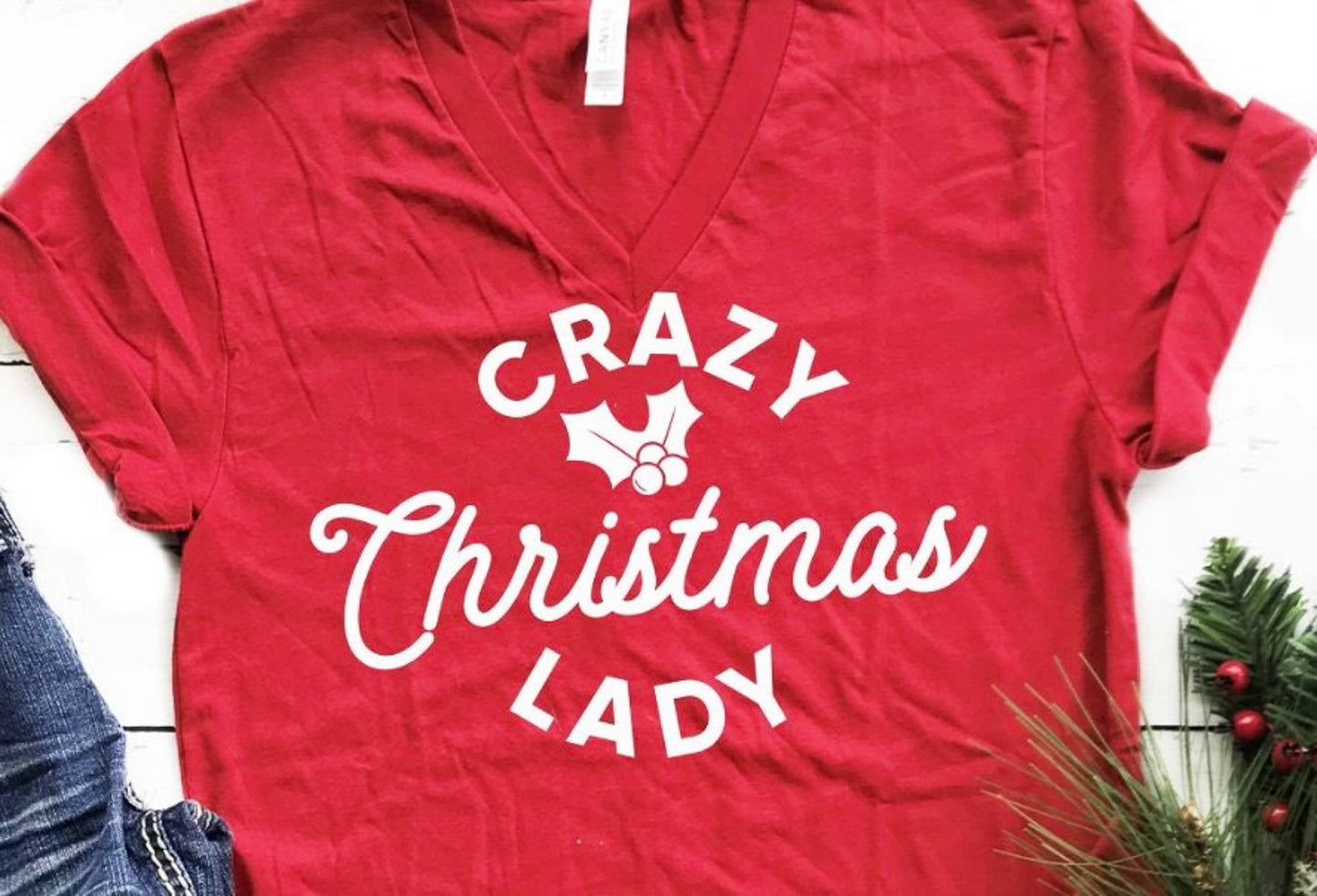 Crazy Christmas Lady V-Neck Tee