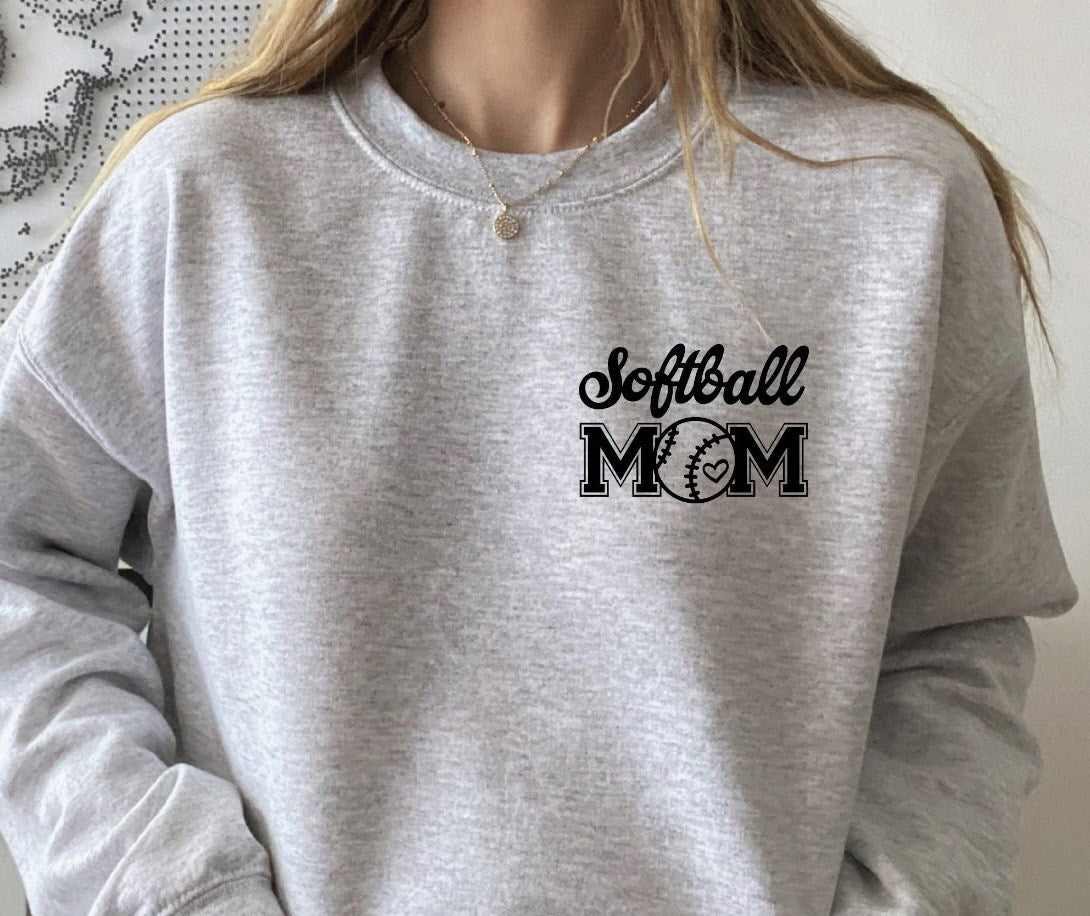 Softball Mom Pocket Logo T Shirt or Crew Sweatshirt Elle Emmy