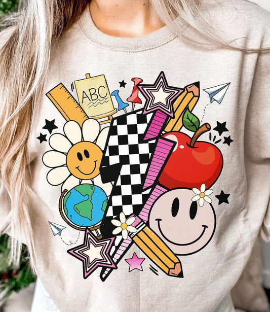 Lightning Bolt With School Things T-Shirt or Crew Sweatshirt