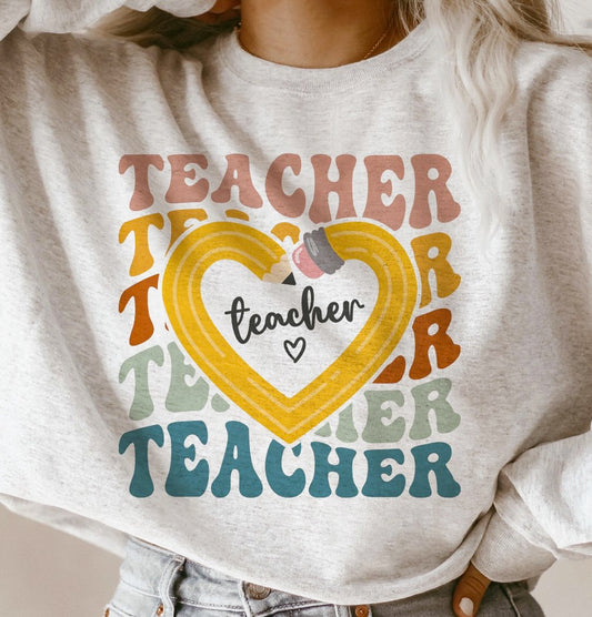 Teacher In Pencil Heart Teacher (Stacked) Background T-Shirt or Crew Sweatshirt