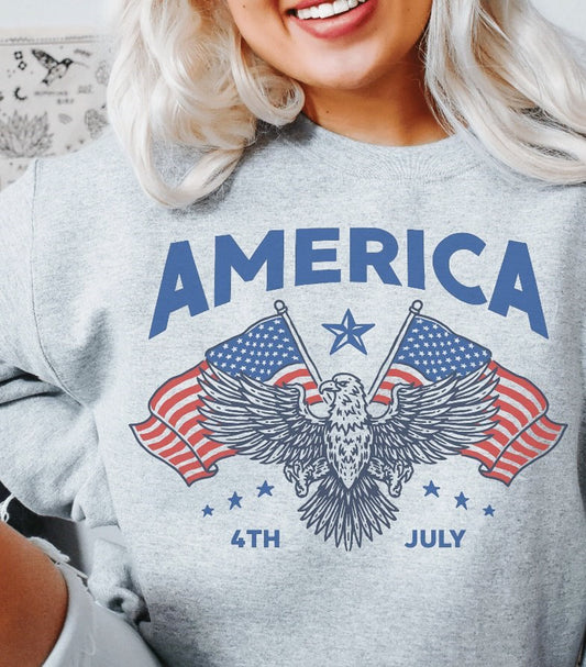 America 4th of July Eagle & Flags T-Shirt or Crew Sweatshirt