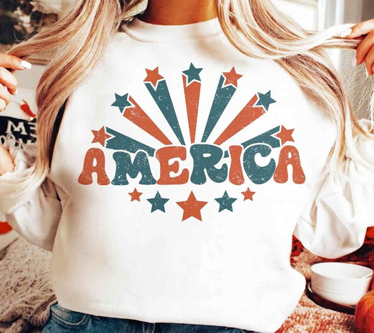 America With Red & Blue Stars T-Shirt Crew Sweatshirt