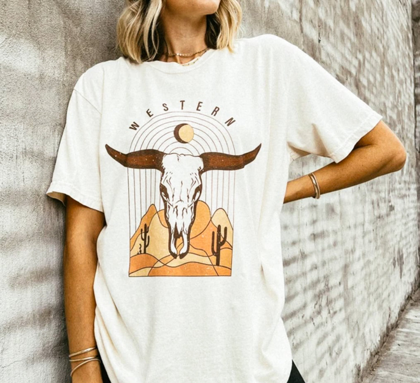 Western Longhorn Skull Desert Scape T-Shirt or Crew Sweatshirt