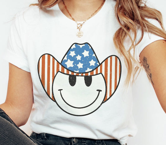 Smiley Face With Patriotic Cowboy Hat T-Shirt or Crew Sweatshirt