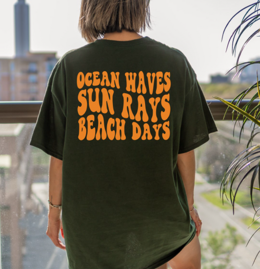 Ocean Waves Sun Rays Beach Days (Back Design) T-Shirt or Crew Sweatshirt