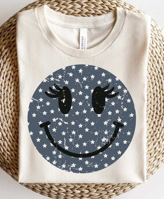 Stars Smiley Face With Lashes T-Shirt or Crew Sweatshirt