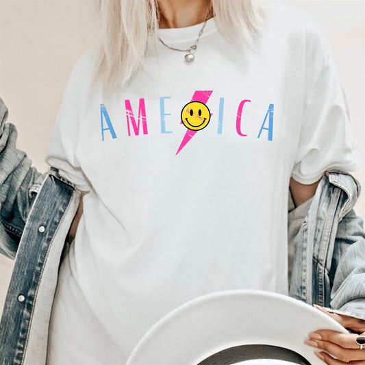 America With Lightning Bolt & Smiley Face T-Shirt or Crew Sweatshirt