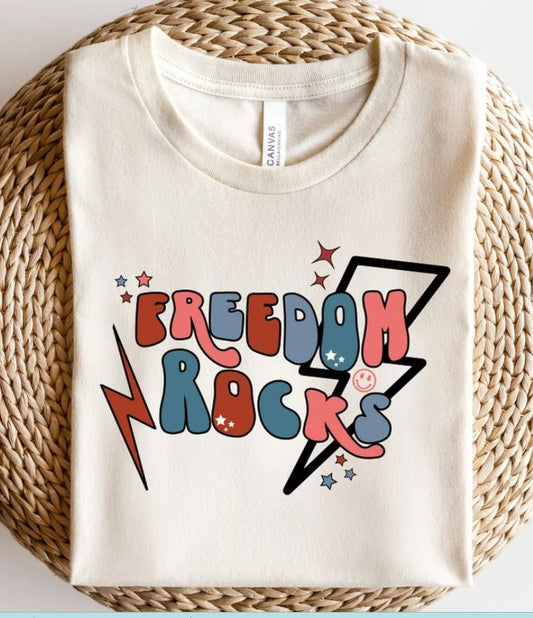 Freedom Rocks With Lightning Bolt Retro T-Shirt or Crew Sweatshirt