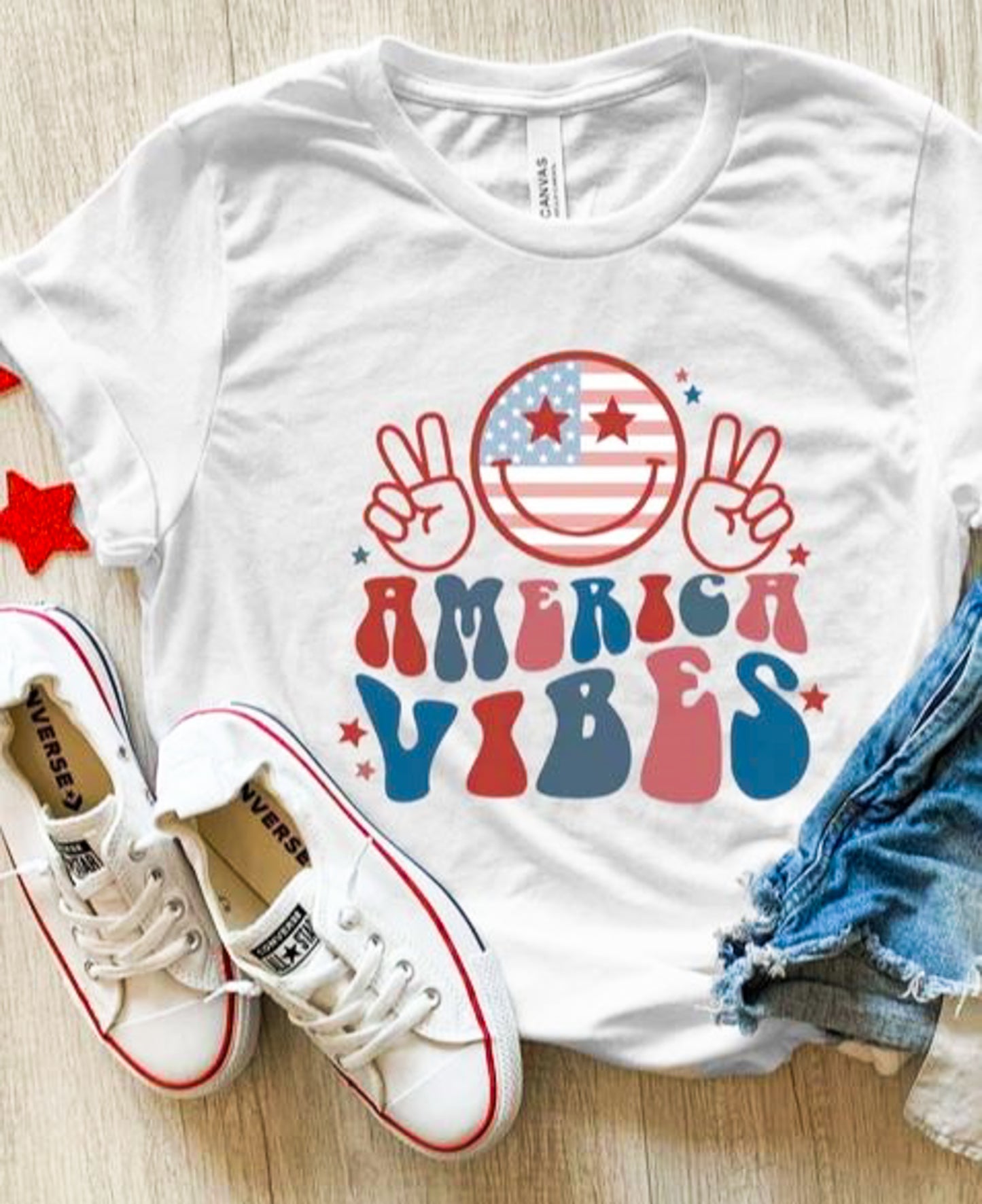 America Vibes Smiley Face & Peace Signs T-Shirt or Crew Sweatshirt