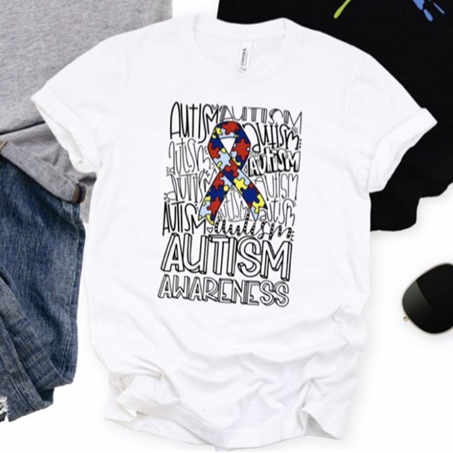 Autism Awareness Puzzle Ribbon T-Shirt or Crew Sweatshirt