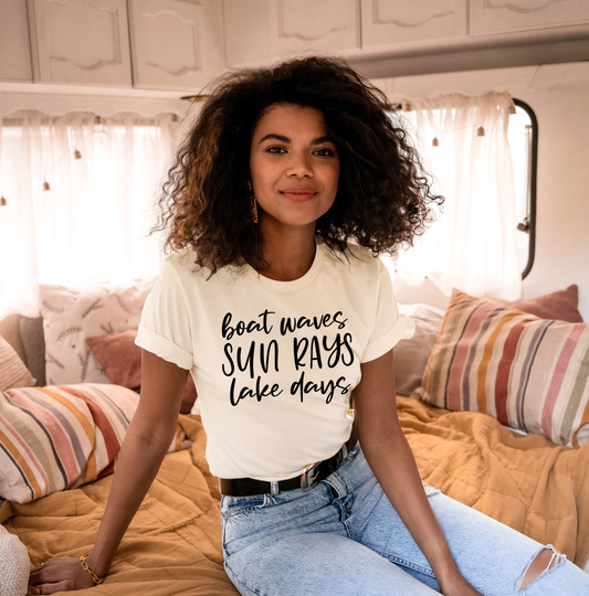 Boat Waves Sun Rays Lake Days T-Shirt or Crew Sweatshirt