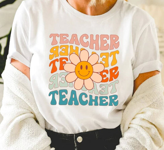 Teacher (Wavy Stacked) With Flower T-Shirt or Crew Sweatshirt