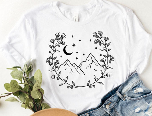 Moonlit Mountain Scene With Flower Border Tee