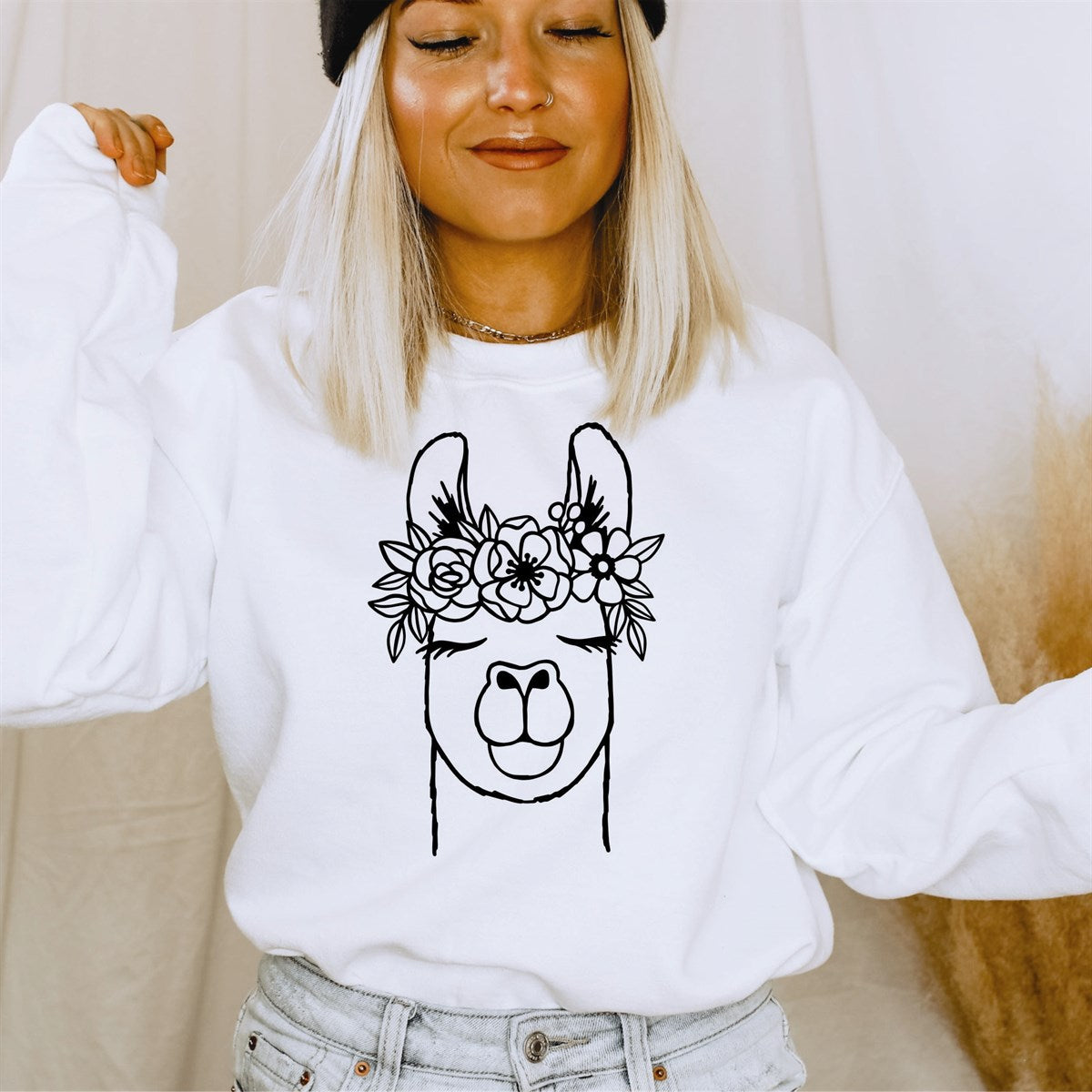Llama With Flower Crown Crew Sweatshirt