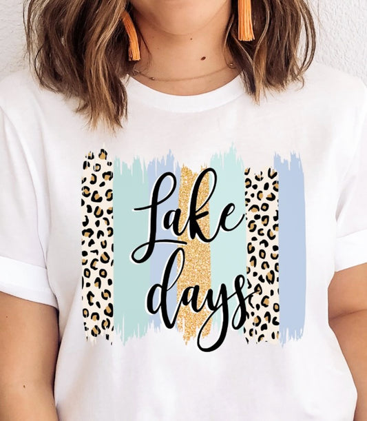 Lake Days Cheetah & Multi-Color Striped Background T-Shirt or Crew Sweatshirt