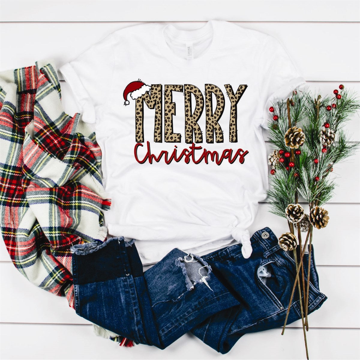 Merry Christmas With Santa Hat & Cheetah Print Tee