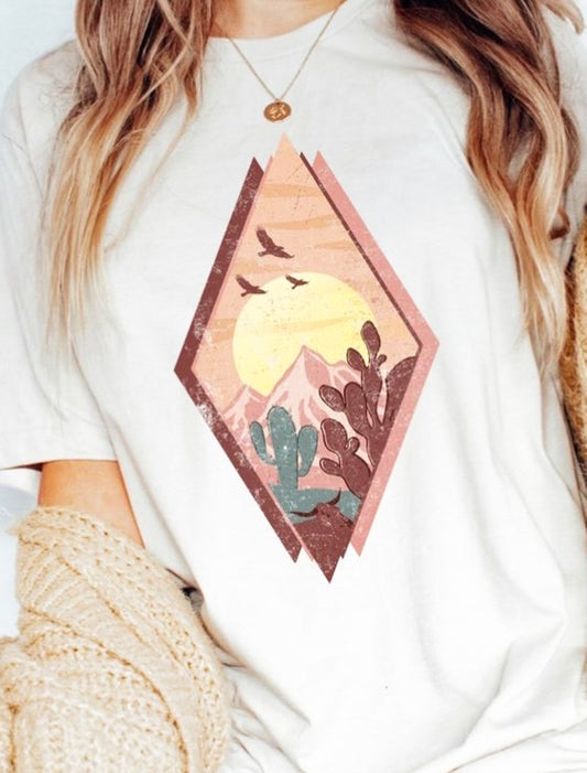 Cactus With Sunset & Birds In Diamonds Tee