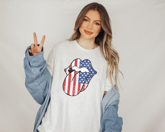 Distressed American Flag Patriotic Lips T-Shirt or Crew Sweatshirt