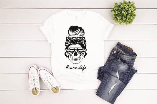 Skull With Messy Bun # Mom Life T-Shirt or Crew Sweatshirt