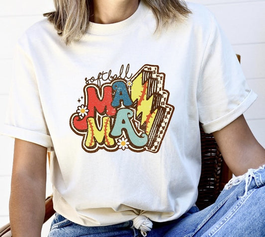 Mama With Softball Lightning Bolt T-Shirt or Crew Sweatshirt