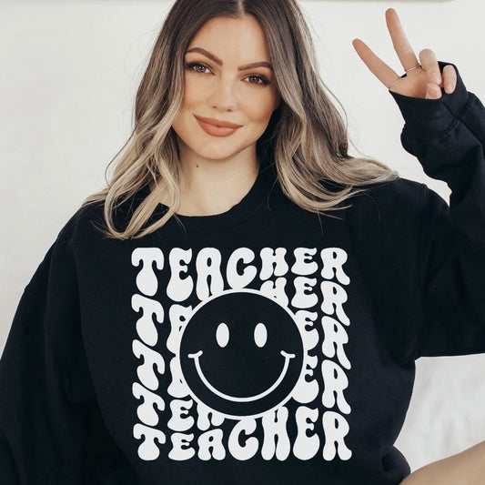 Teacher (Wavy Stacked) With Smiley Face T-Shirt or Crew Sweatshirt