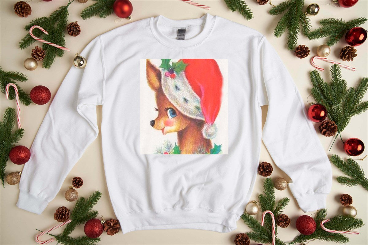 Vintage Reindeer With Santa Hat Crew Sweatshirt