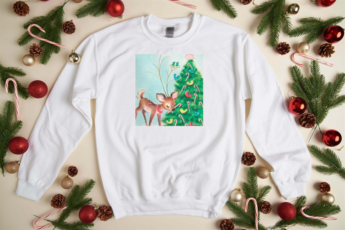 Vintage Reindeer With Candy Cane & Christmas Tree Crew Sweatshirt