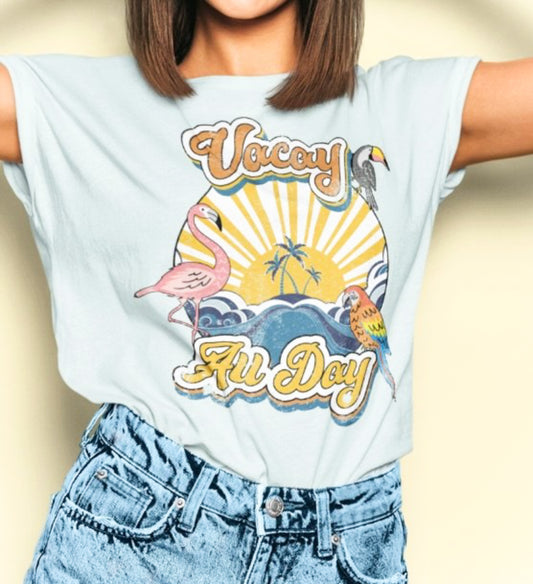Vacay All Day With Beach & Island Birds Scene T-Shirt or Crew Sweatshirt
