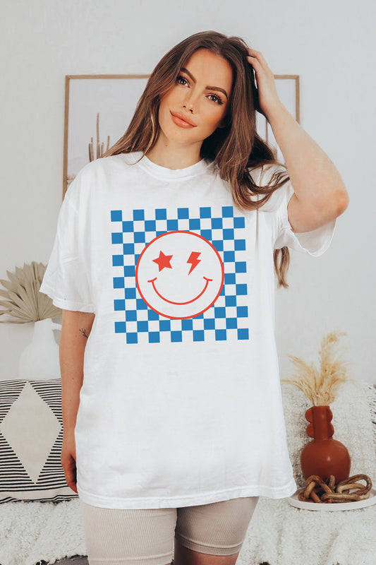 Patriotic Checkered Smiley Face T-Shirt or Crew Sweatshirt