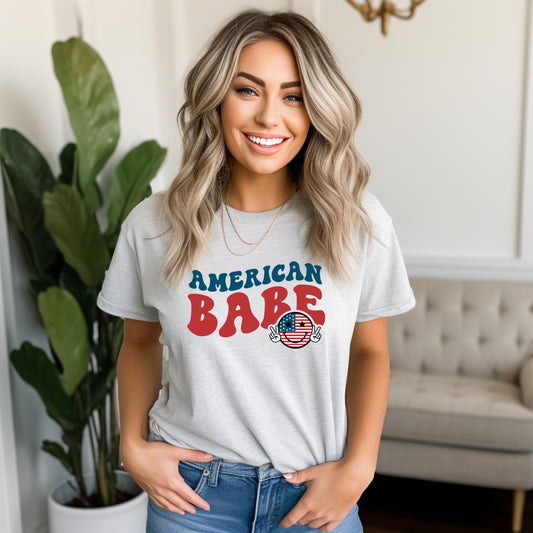 American Babe With Smiley Face & Peace Signs T-Shirt or Crew Sweatshirt